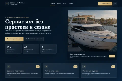 Главная страница сайта обслуживания яхт в десктопной версии